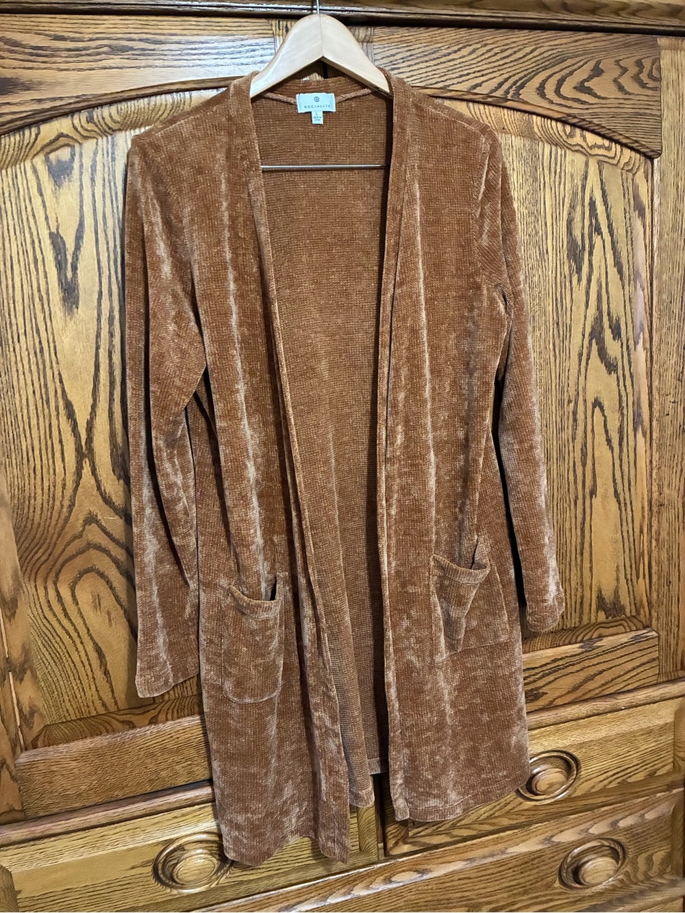 Socialite Women’s Large Cozy Open-Front Brown Velour Cardigan
